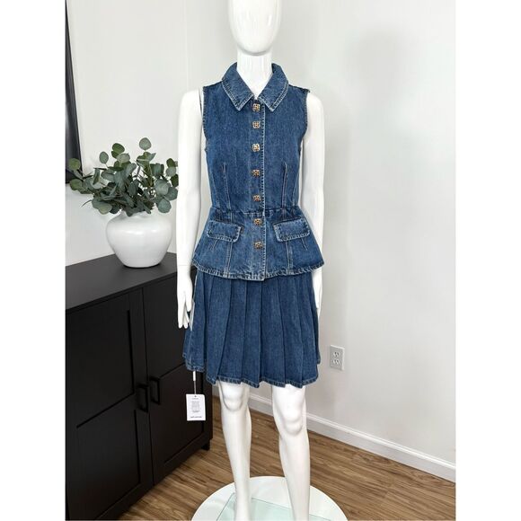 NWT SELF-PORTRAIT Pleated Denim Mini Top Skirt Set Size 6 - Picture 6 of 12